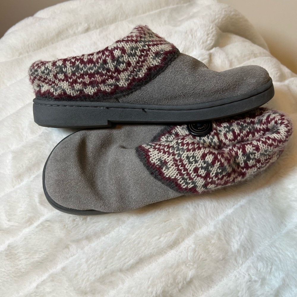 Clarks Women’s 7M Grey Fair Isle Faux Sherpa Lined Fall Winter PJ Slippers Cozy